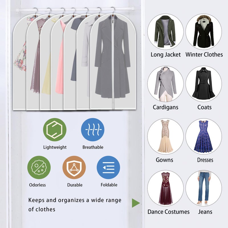 VOSIGREEN Hanging Garment Bags 7 Piece Set - 60 Inch Translucent Dust Proof Clothes Bag White Breathable Full Zipper Dust Cover for Suit Dance Costumes Gown Dress. - Image 3